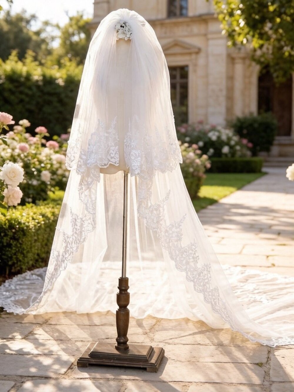 Royal Cathedral Lace Edge Bridal Veil 2 Tier White 138" L x 118" W W/ Comb